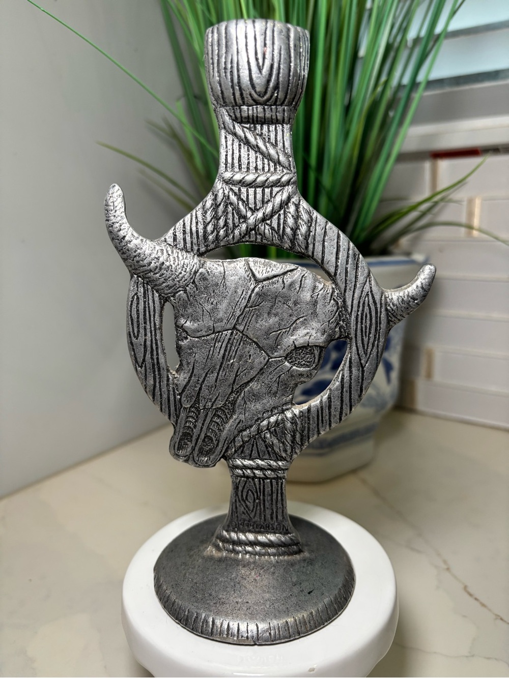 🤠VTG 1994 Carson Pewter Steer Skull Candlestick Holder John Pearson Southwestern